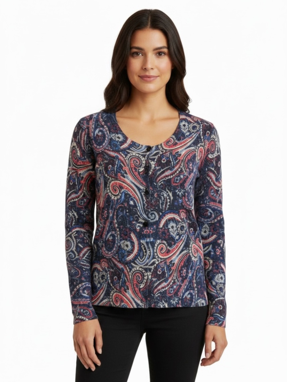 Talbots Classic Merino Wool Paisley Button Front Cardigan Sweater L Blue/Rose
